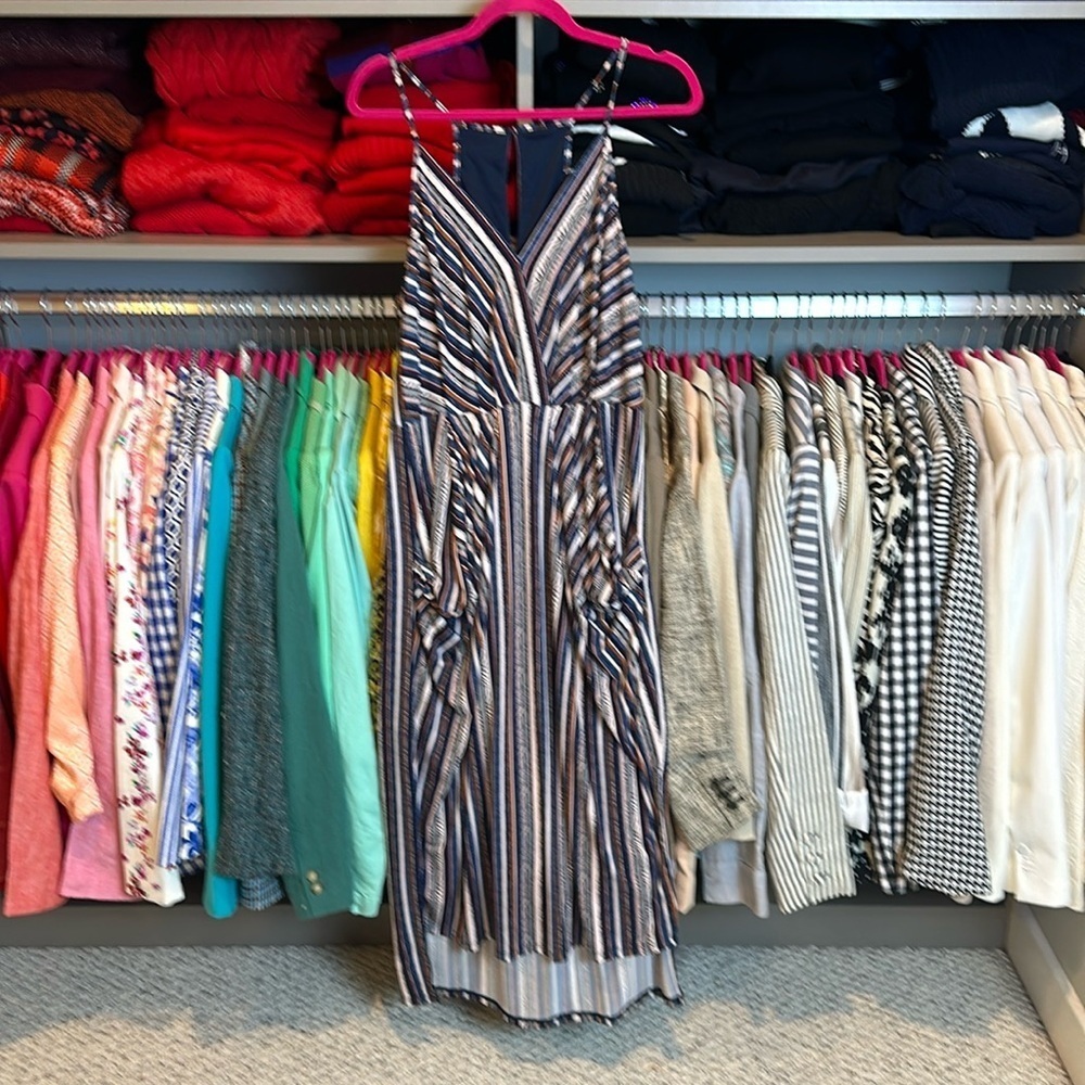 BCBGeneration blue/pink/mauve/brown striped sleeveless maxi dress size L